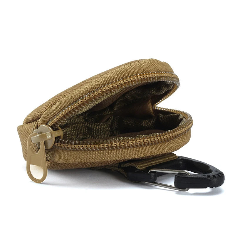 Mini Tactical EDC Coin Purse Round Zipper Key Holder Nylon Storage Pouch with Carabiner Clip for Daily Use Outdoor Accessories