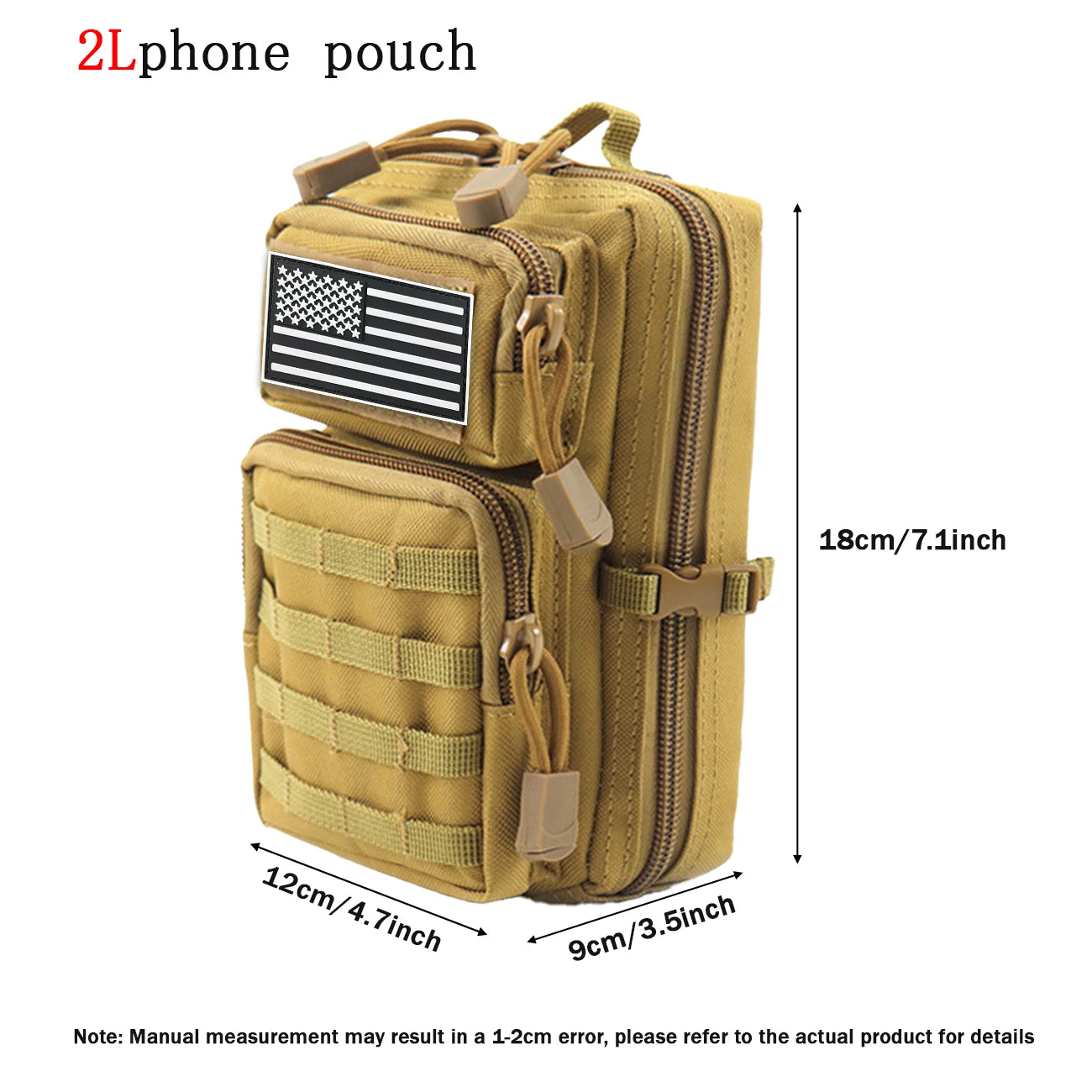 2L multi layered mobile phone bag waist hanging bag, with multiple ways of wearing, suitable for outdoor hiking trips
