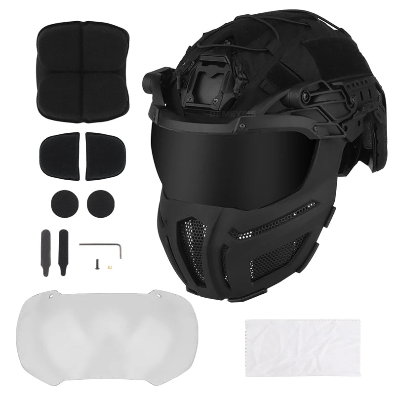 Tactical FAST Helmet Full Covered Helmets with Steel Mesh Mask / Goggles Hunting Motorcycle Cosplay Protective Gear