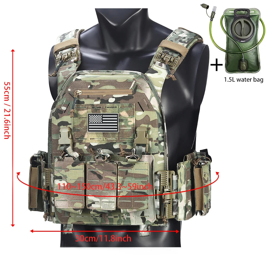 Outdoor camouflage vest with modular pockets and 1.5-liter water bag, suitable for hiking and exploration