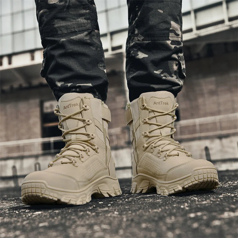 Outdoor tactical boots, camping and hiking boots, high-top military-style training boots, hunting boots.