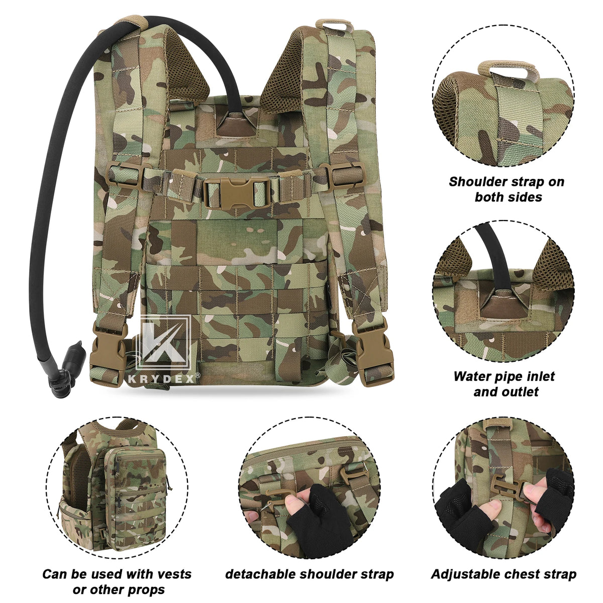 KRYDEX 500D Tactical 50 oz Hydration Backpack Pouch Modular 1.5L Water Bladder Bag Pack Hunting Outdoor Hiking Accessories