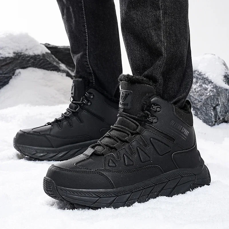 2025 Leather Hiking Boots Mens Winter Outdoor Warm Fur Non Slip Fashion Hike Ankle Boot Black Hunting Boots Rubber Large Size 48