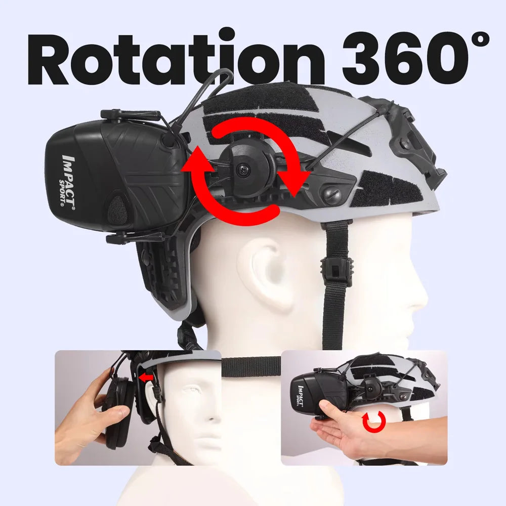 Electronic Hearing Protection Earmuff for Helmet Side Rail, Ambient Sound Amplification to 82dB , 360° Swivel Mount