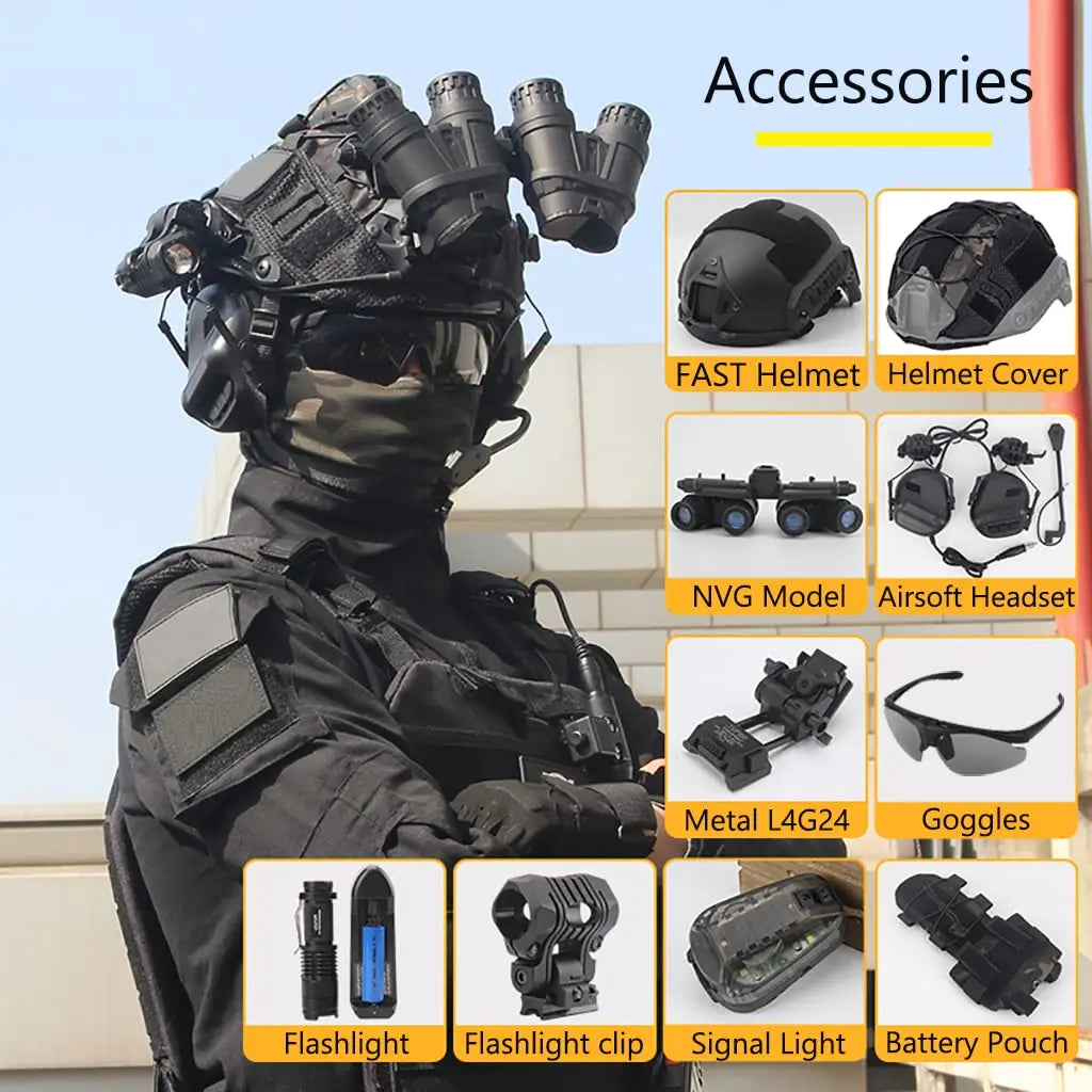 Tactical Airsoft Helmet Set with Telescope Model Headphones Signal Light Flashlight Shooting Range Cosplay Equip for Hunting