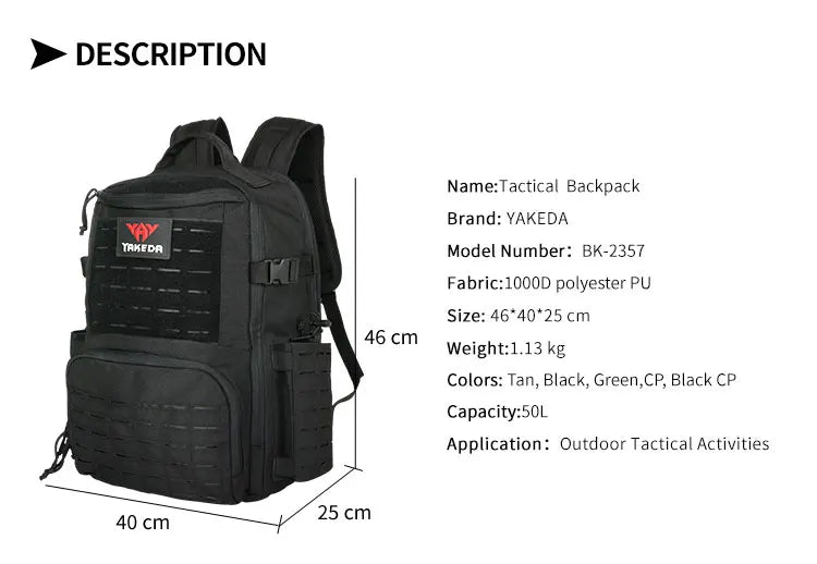 Yakeda Tactical Backpack Outdoor Hiking Camping Commuting Knapsack MOLLE Multi 50L Bag 1000D Nylon Waterproof Anti-friction