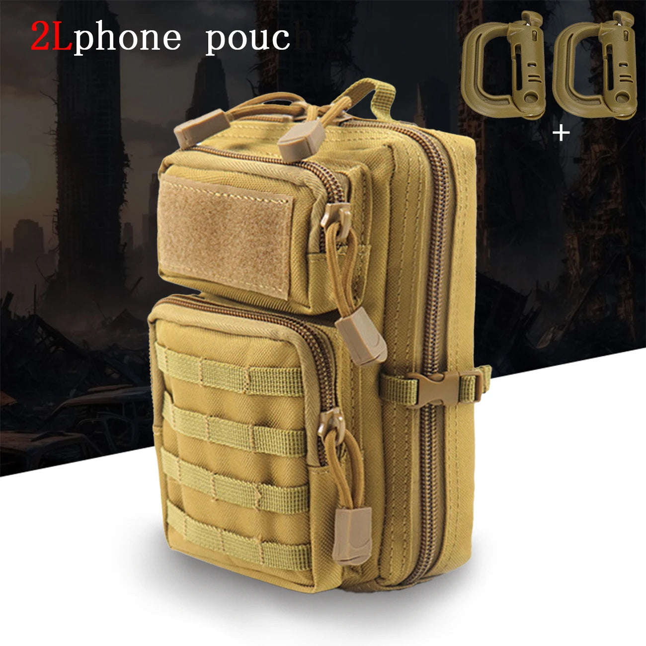 Double zipper 2L space storage bag with layered design, reinforced webbing buckle on the right side, can tighten the bag body