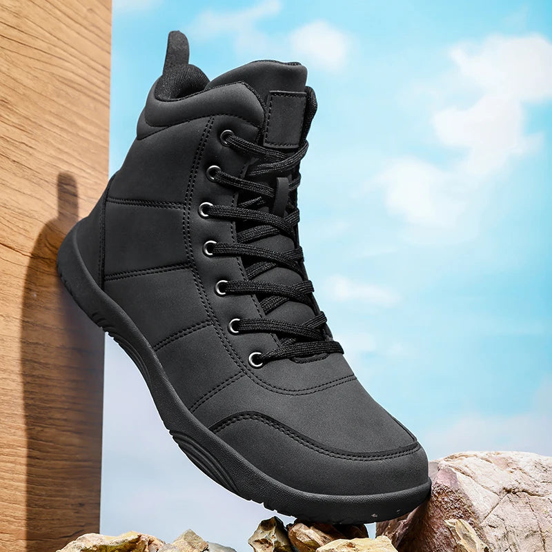 Outdoor Wide Toe Barefoot Men Hiking Boots Minimalist Leather Ankle Boots Zero Soles Winter Couple Walking Casual Sneakers