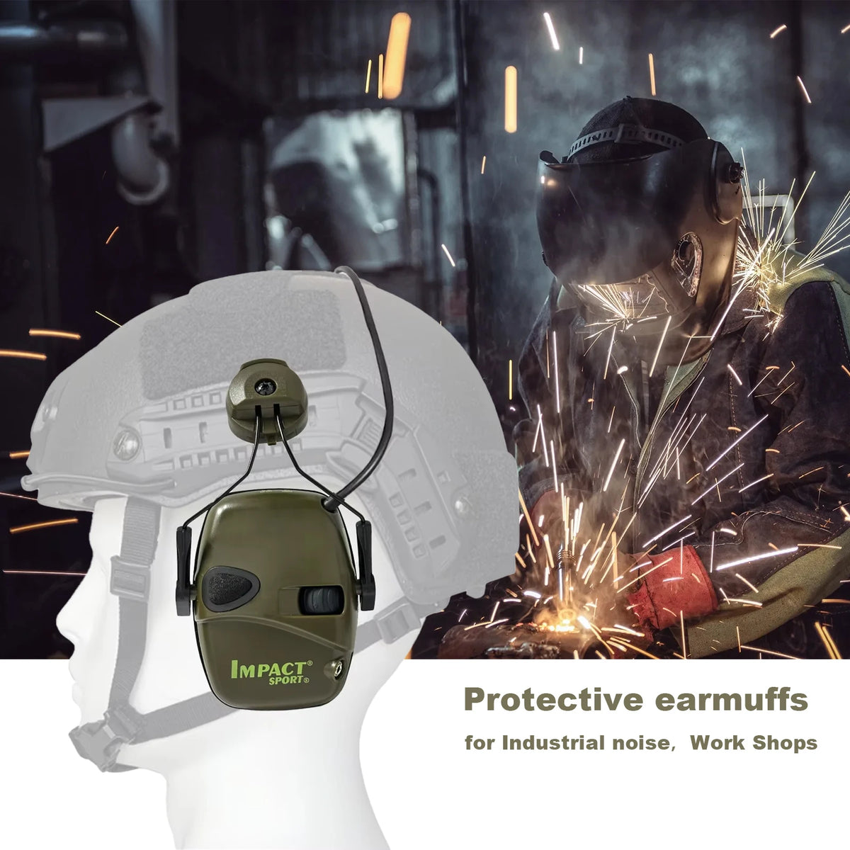 Electronic Hearing Protection Earmuff for Helmet Side Rail, Ambient Sound Amplification to 82dB , 360° Swivel Mount