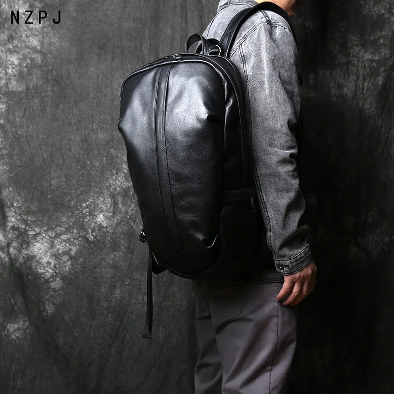 NZPJ Leather Men's Backpack Natural Cowhide Large Capacity Travel Bag Outdoor Schoolbag Business Computer Bag For 15 Inch Laptop
