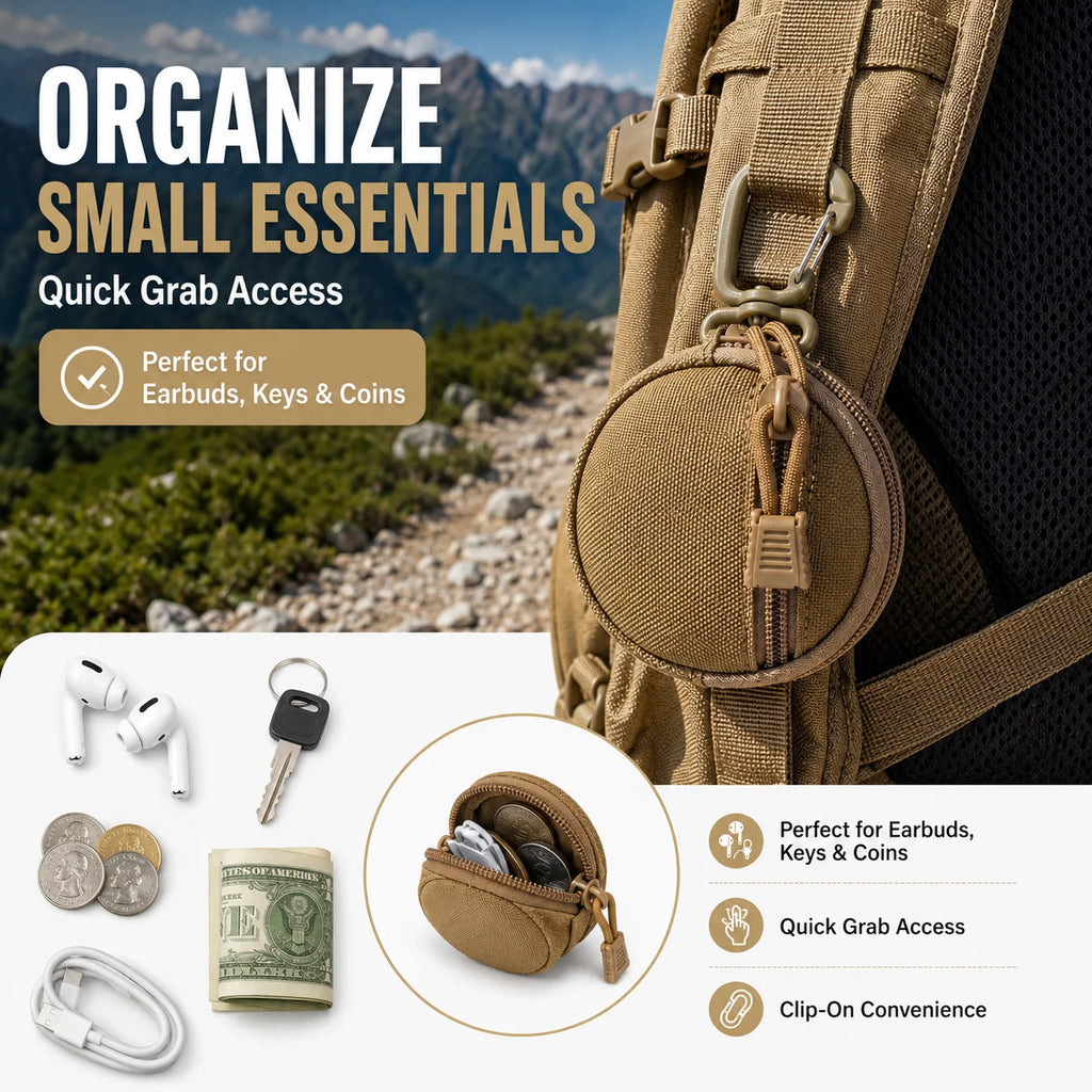 1000D Tactical Mini Round  Pouch Zipper Utility Bag with Carabiner Clip for Earbuds Keys Coins Outdoor Camping Gear Tool