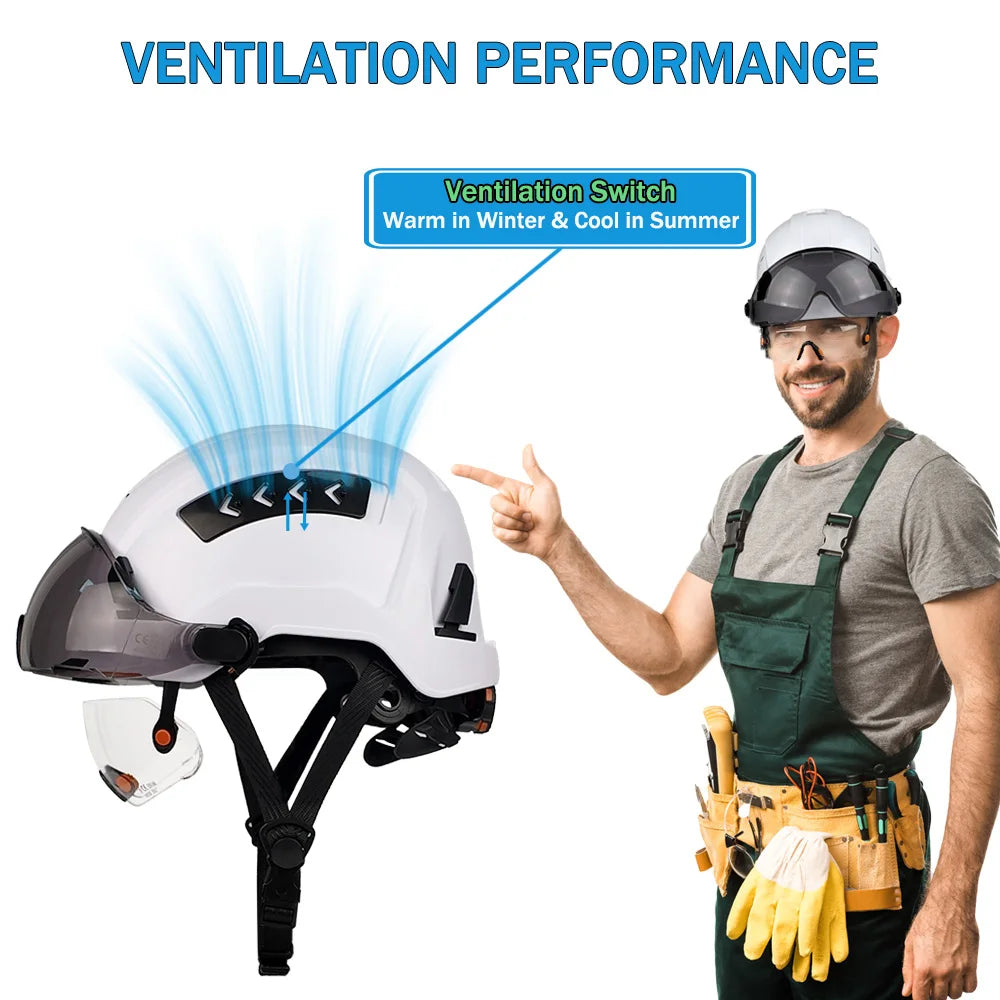 CE ANSI Safety Helmet Double Goggles Sliding Vented ABS Hard Hat Construction Site Work Cap for Industrial Engineering Gear