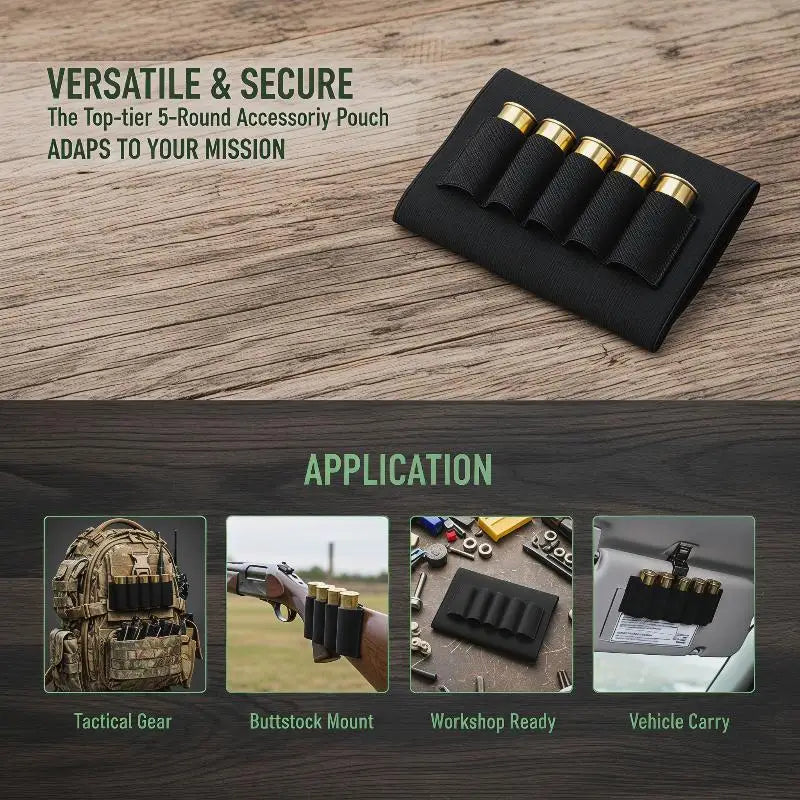 Buttstock Shell Holder 5-Round Elastic, Anti-Slip Pouch 12GA 20GA , Tactical Hunting Gear  Storage for Field