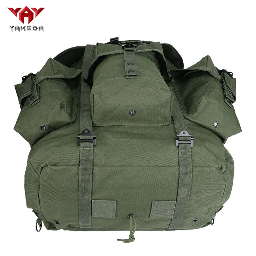 Hot selling iron frame olive green backpack for mountaineering, large capacity camping supplies backpack
