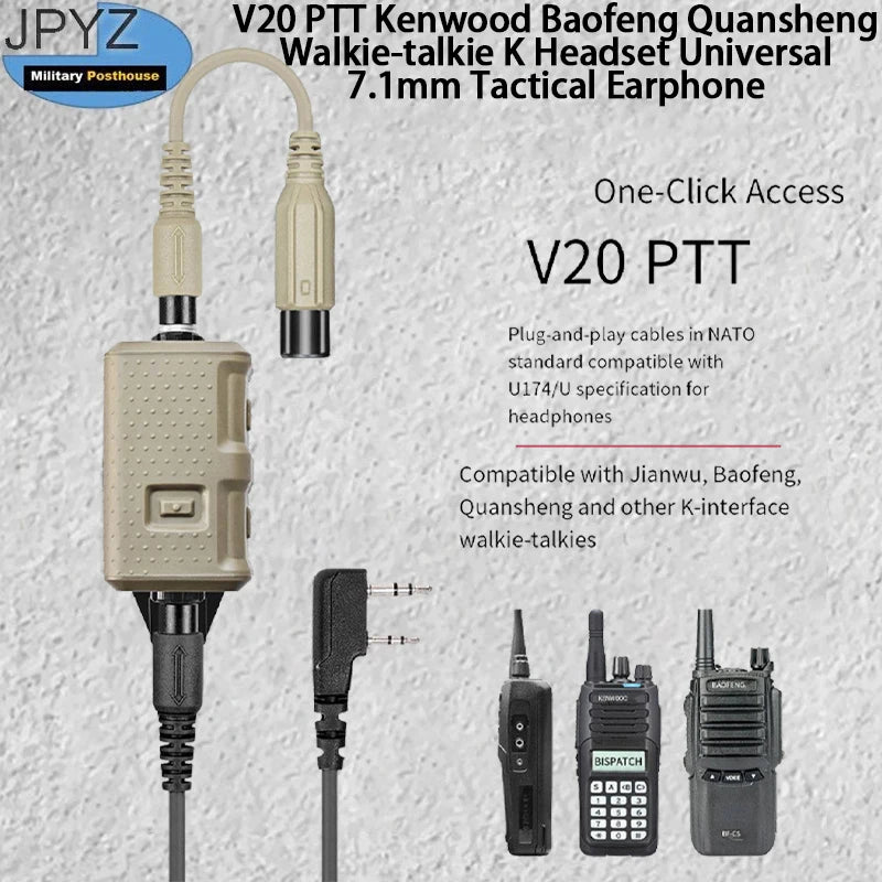 V20 PTT Kenwood Baofeng Quansheng Walkie-talkie K Headset Universal 7.1mm Tactical Earphone