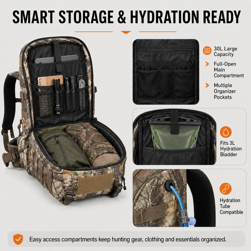 30L Hunting Backpack Camo Waterproof Hiking Pack MOLLE Outdoor Camping Trekking Bag
