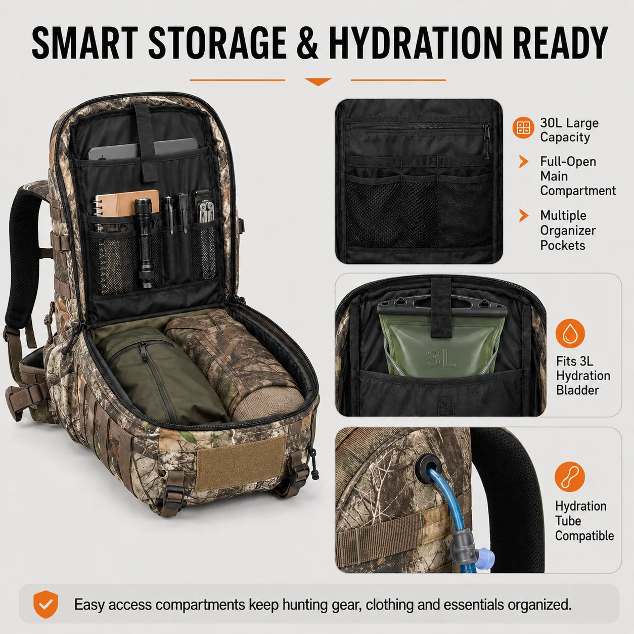 30L Hunting Backpack Camo Waterproof Hiking Pack MOLLE Outdoor Camping Trekking Bag
