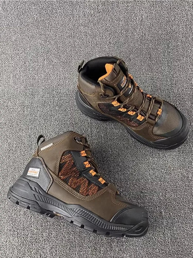 Men Outdoor Sneakers Spliced Cow Leather High Top Hiking Shoes Anti Skid Platform Waterproof Camping Shoes Sports Trekking Shoes