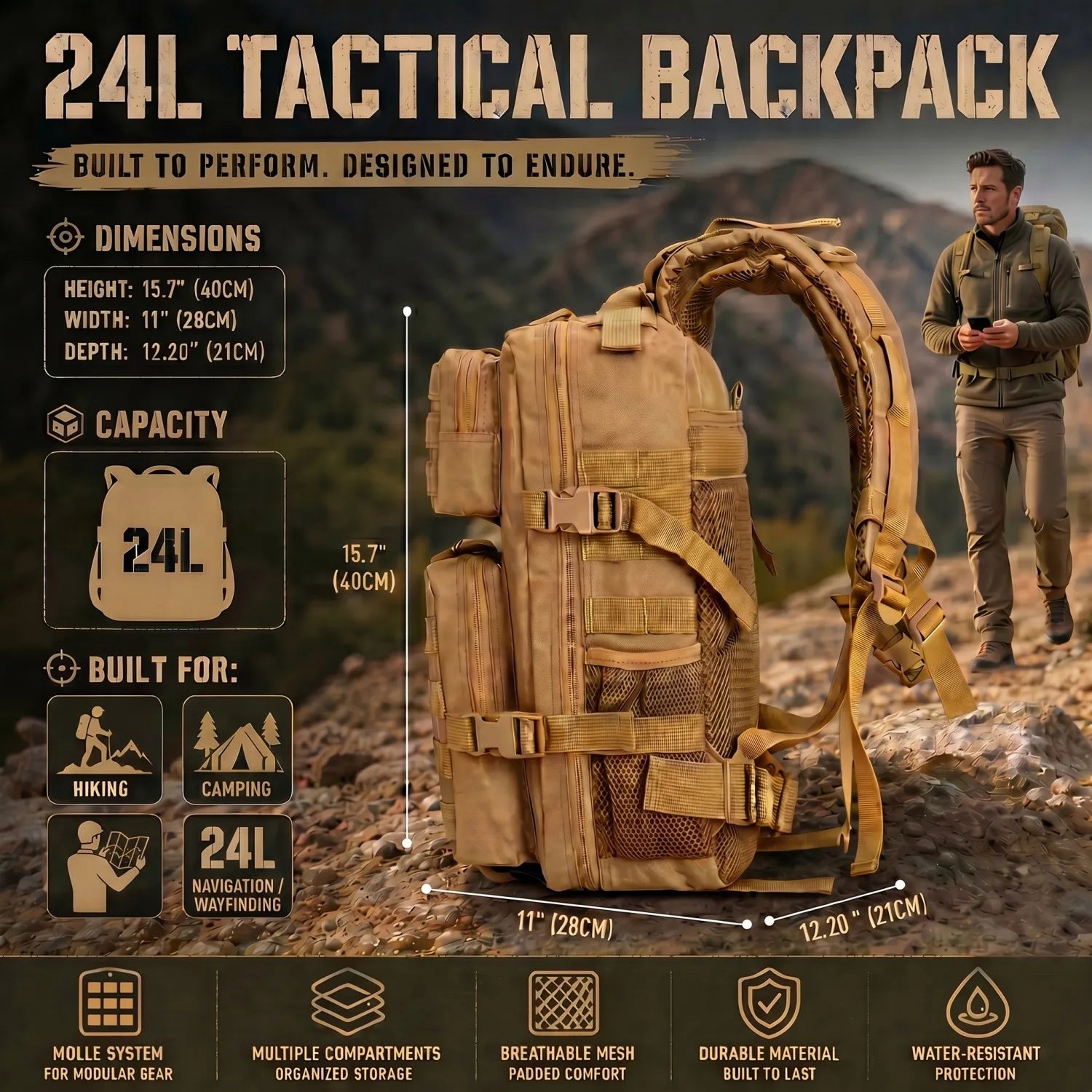 24L Tactical Hunting Backpack for Men Women Molle Modular System Durable Outdoor Daypack Gear Storage Pack for Shooting Camping Hiking Trekking Fishing Cycling Travel Daily Commute Sports