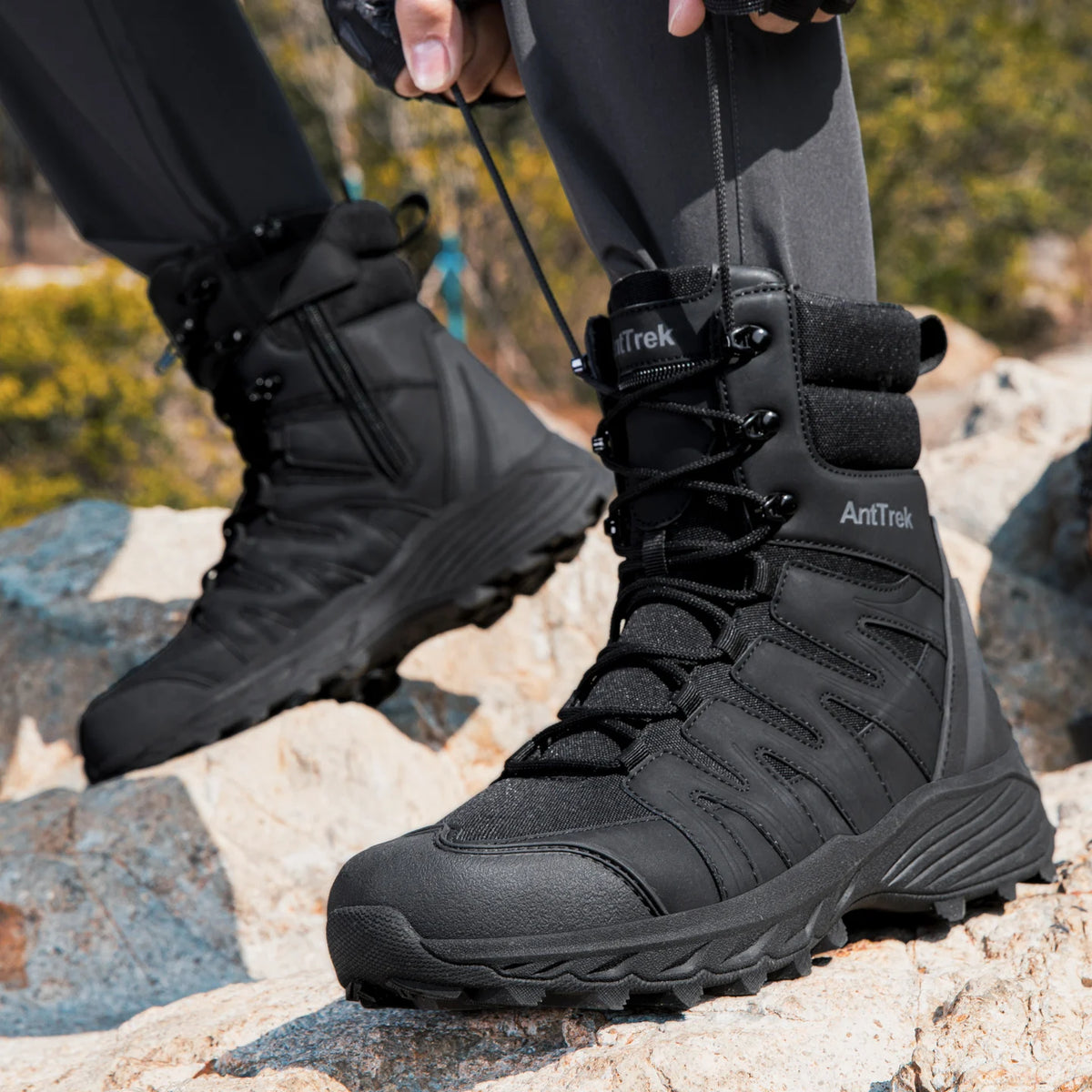 Outdoor tactical boots, camping and hiking boots, high-top military-style training boots, hunting boots.