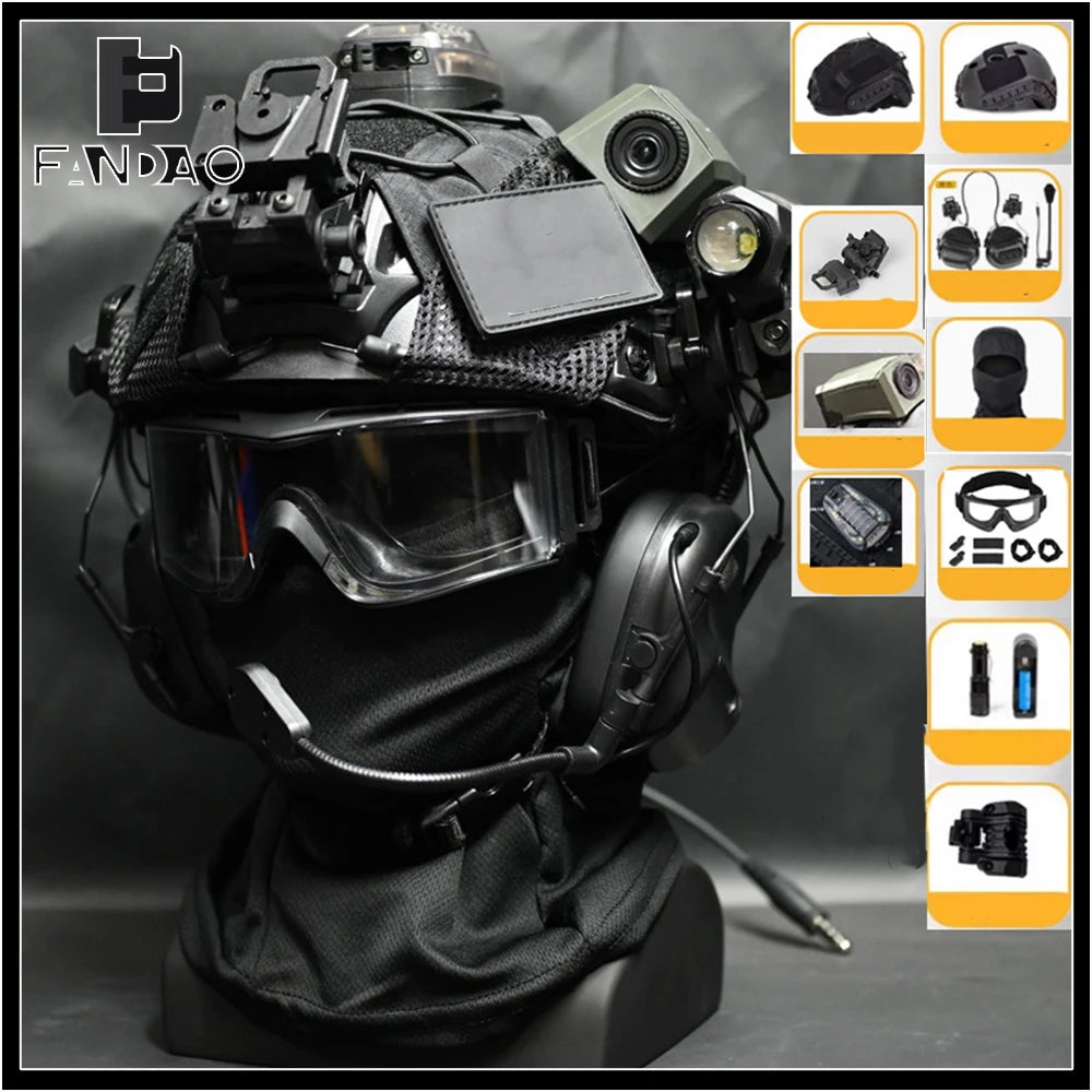 Tactical Airdoft Helmet Set FAST Protective Helmet with Goggles Headphones Camera Model Flashlight Signal Light for CS Cosplay