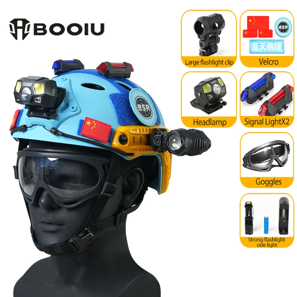 BOOIU Blue Tactical Helmet PJ Hole Rescue Lightweight Adjustable Knob Multifunctional Safety Training Emergency FAST Helmet Set