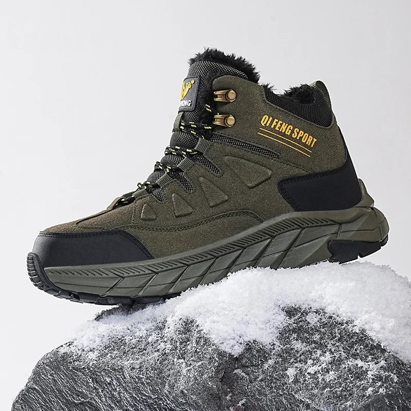 Large Size 48 Leather Hiking Boots Mens Winter Outdoor Warm Fur Non Slip 2025 Fashion Hike Ankle Boot Black Hunting Boots Rubber