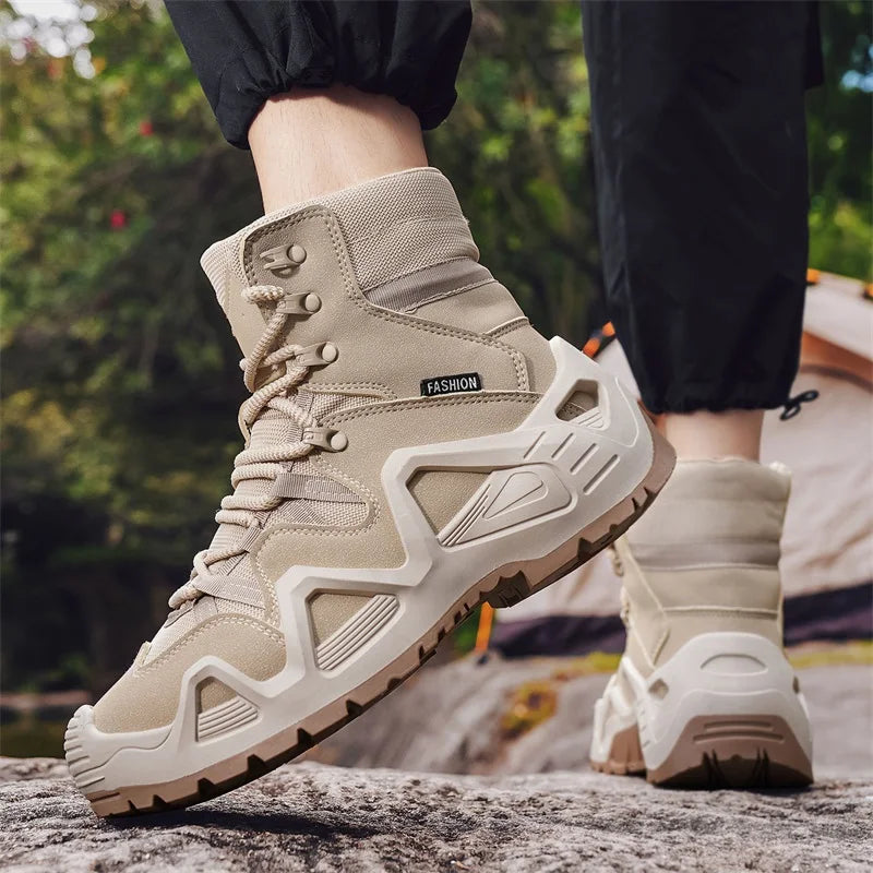 Outdoor Suede Leather Hiking Shoes Men Non-slip Training Mountain Trekking Boots Men Green Combat Tactical Boots Plus Size 46
