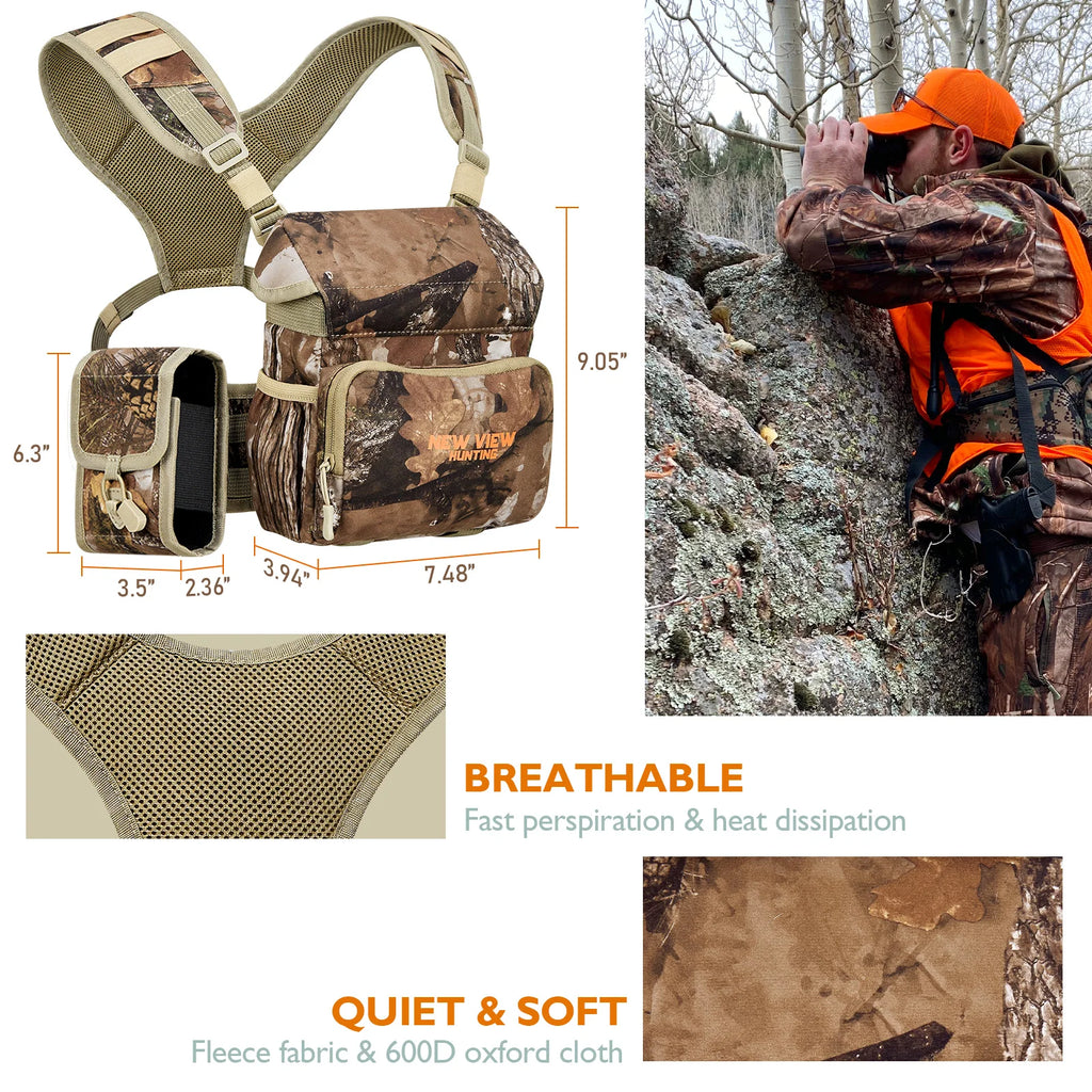 NEW VIEW Quiet Binocular Harness Chest Pack with Detachable Rangefinder Pouch, Adjustable Bino Harness & Rain Cover