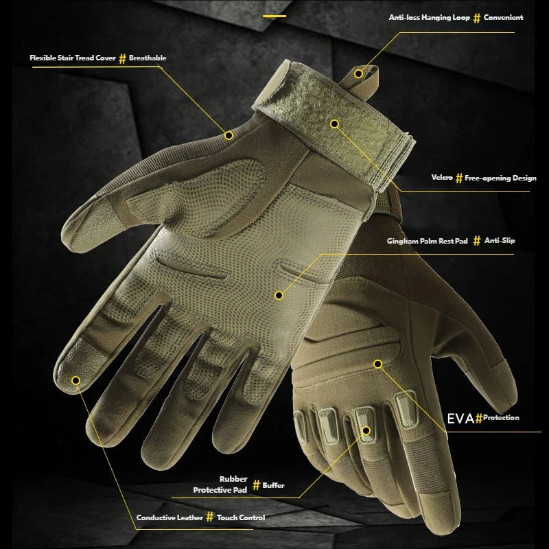 CHRLCK Men Non-Slip Cycling Tactics Gloves Wear-resistant Full Finger Hiking Gloves Anti-Scratch Touchscreen Motorcycle Gloves