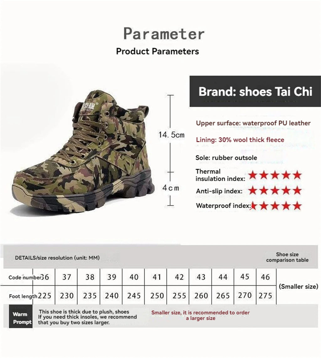 Winter Men's Outdoor Camouflage Hunting Boots Wool Lining Warm Non-Slip Waterproof Snow Shoes High-Top Mountaineering Boots