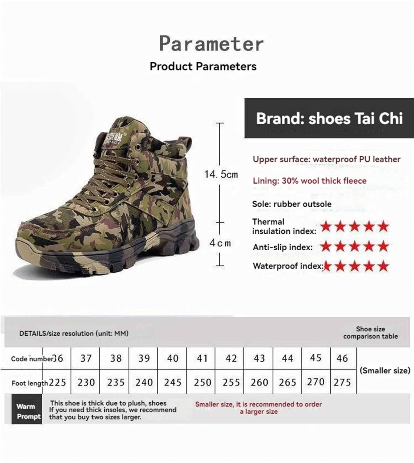 Winter Men's Outdoor Camouflage Hunting Boots Wool Lining Warm Non-Slip Waterproof Snow Shoes High-Top Mountaineering Boots