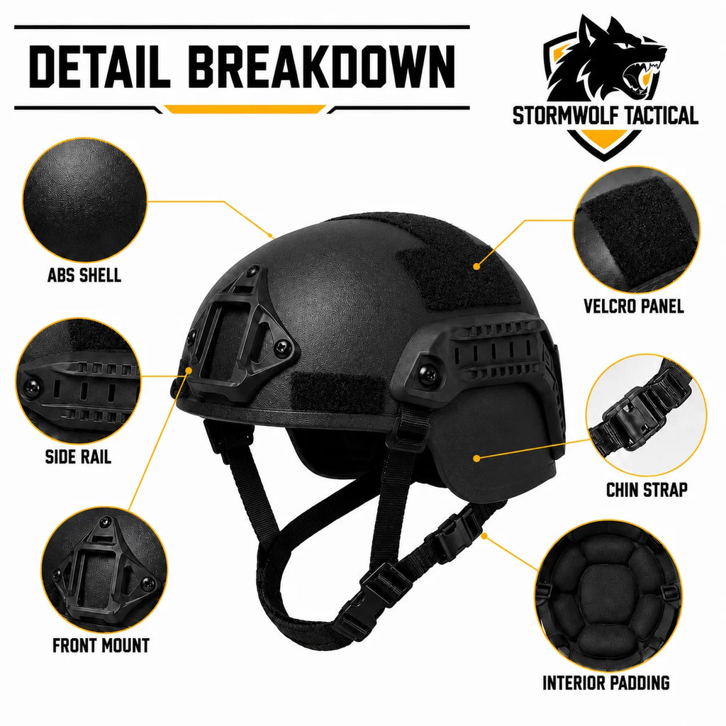 ABS MICH Style Outdoor Sports Helmet Lightweight Headgear with Adjustable Suspension Liner Side Rail for Training