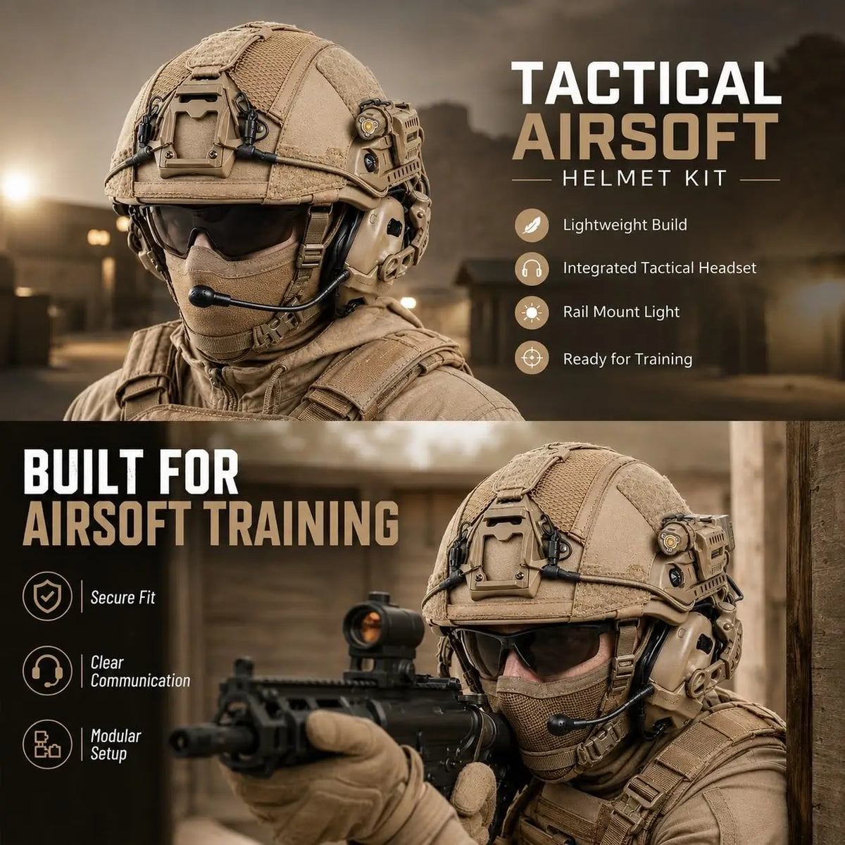 Airsoft Tactical Helmet Set with Headset, Rail LED Light and Mesh Cover, Lightweight FAST Helmet for Paintball Wargame