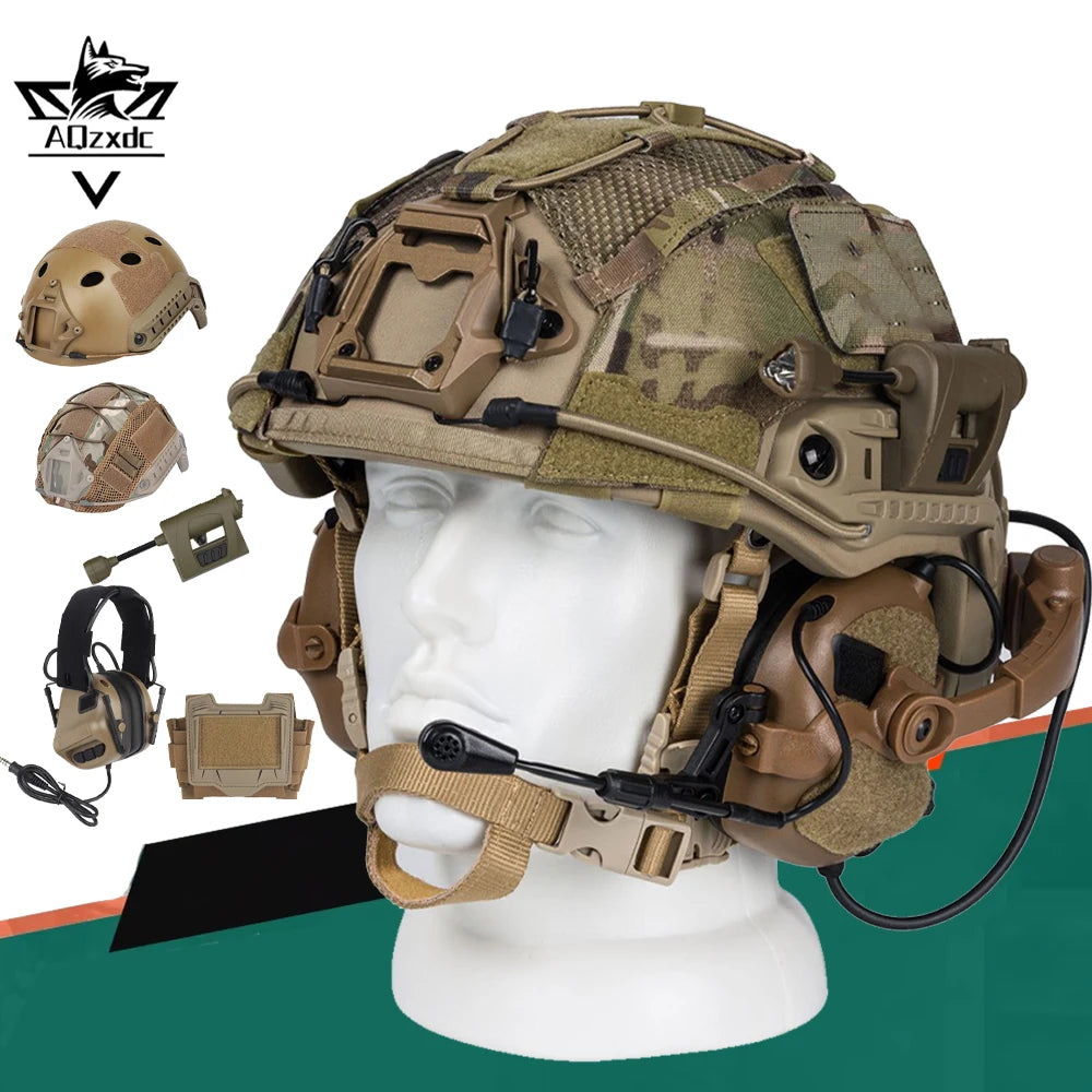 Tactical Airsoft Helmet Set FAST Protective Helmet with Headphones Helmet Light Battery Pack for CS Wild Shooting Role Playing