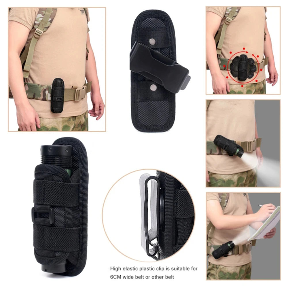 360° Rotary Tactical Flashlight Belt Holster Durable Torch Pouch Hunting Outdoor Survival Lighting Accessory