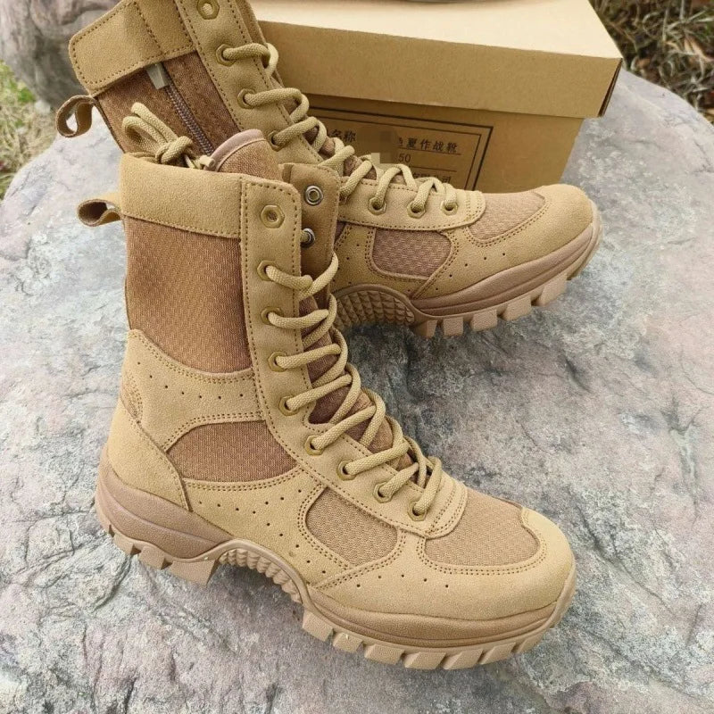 Summer New Leather Brown Combat Boots Zipper Mesh Breathable Outdoor Climbing High Top Security Training Sneakers Ultra Light