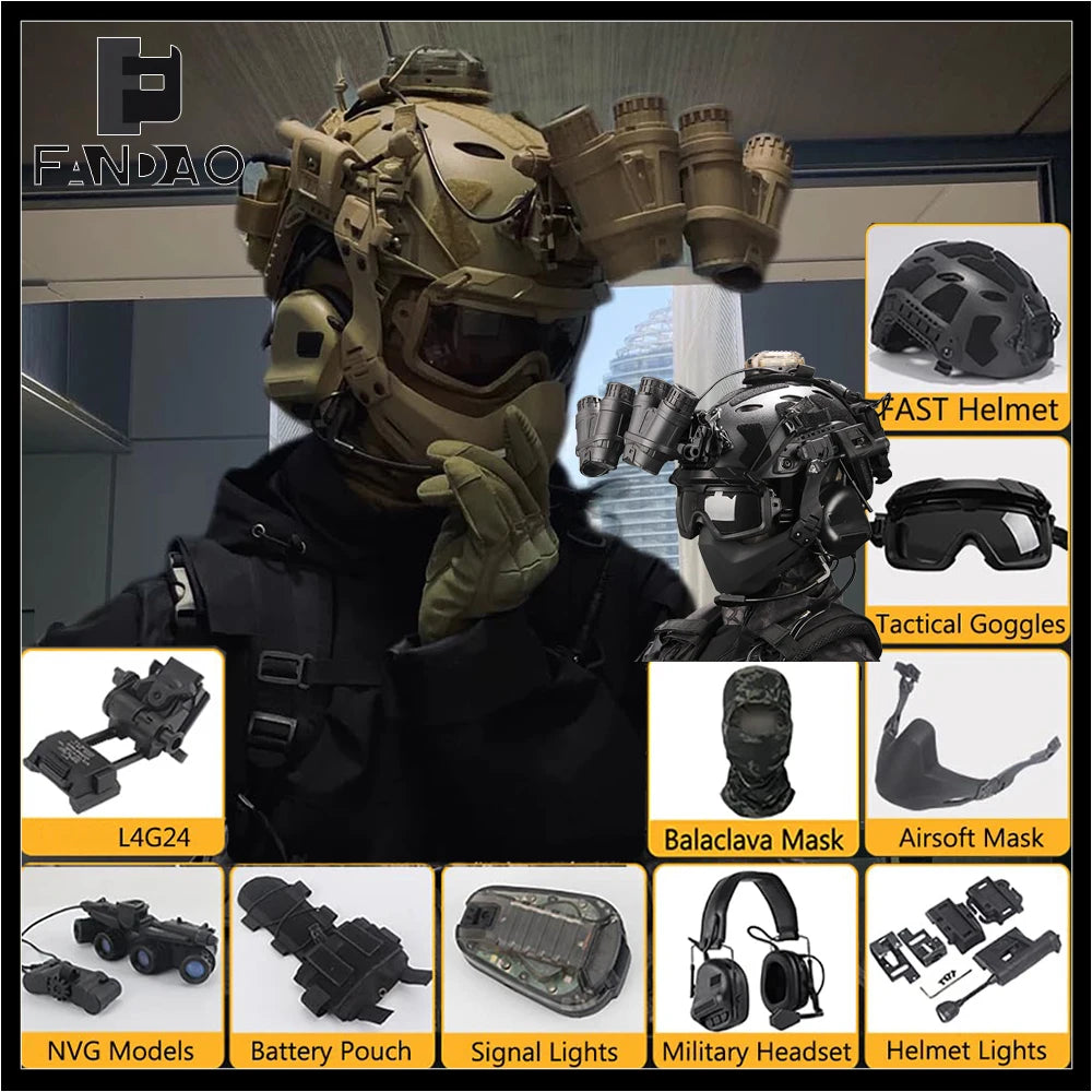 Tactical Helmet Set Fast Protection Helmet with Airsoft Mask Headset Paintball Goggles NVG Model for Outdoor Hunting CS Game