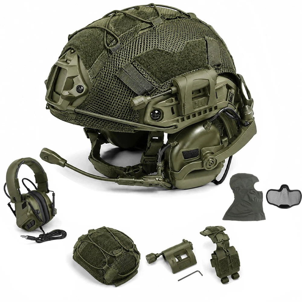 Tactical Helmet Set with Headset Mesh Cover Boom Mic Counterweight Pouch for Airsoft Paintball Cosplay