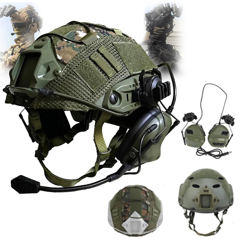 Tactical Airsoft Helmet Set with communication Headset Helmet Cover Adjustable Outdoor Hunting Gear for Cosplay Paintball Game