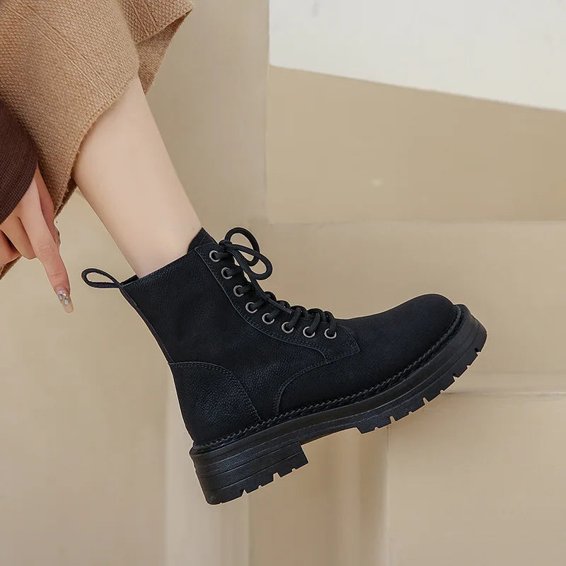 Crestar Women's Fashion Boots Retro Leather Ankle Boots Women Luxury Soft Sole Short Boots New Platform Non-slip Round Toe Boots
