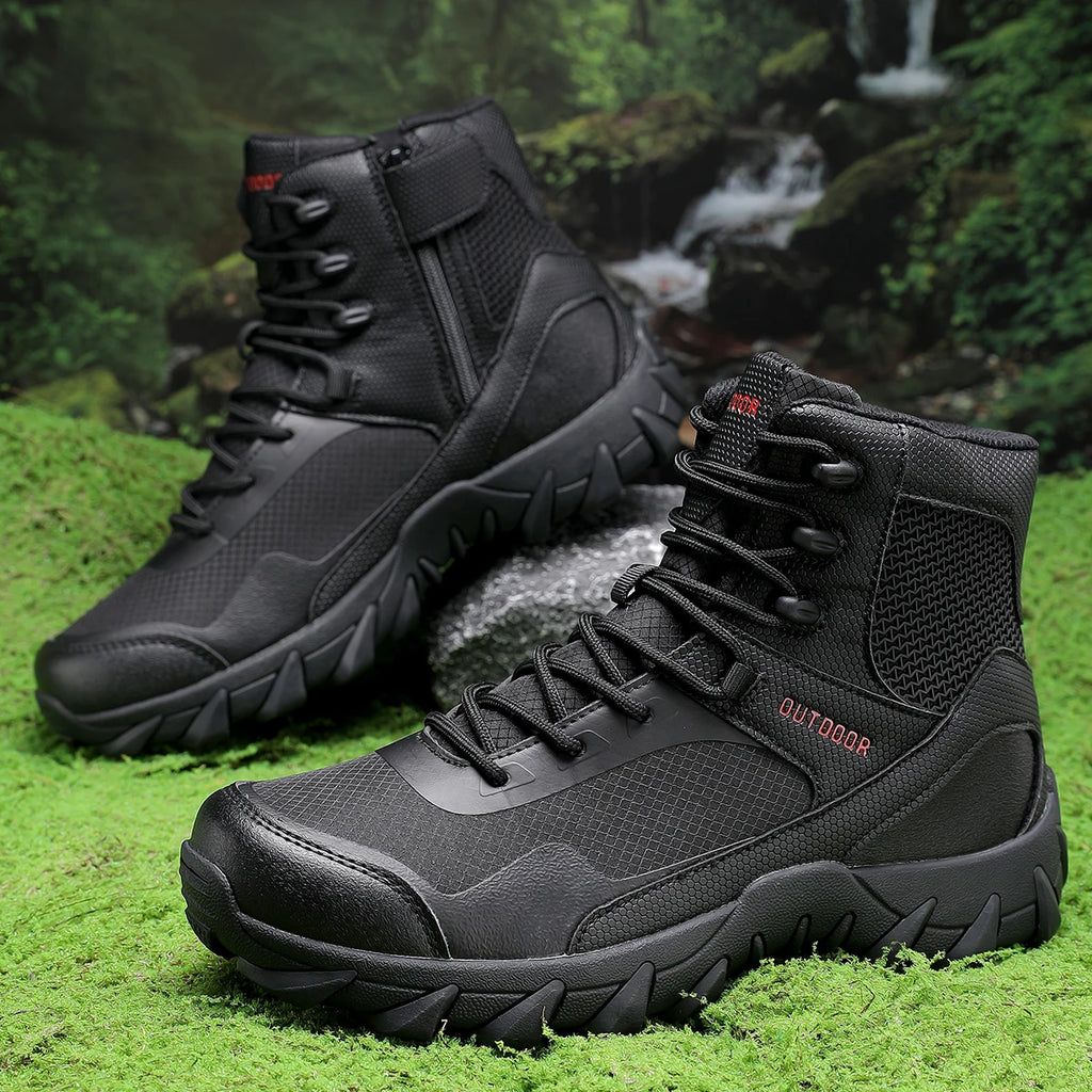 Outdoor tactical boots, camping and hiking boots, high-top military-style training boots, hunting boots.