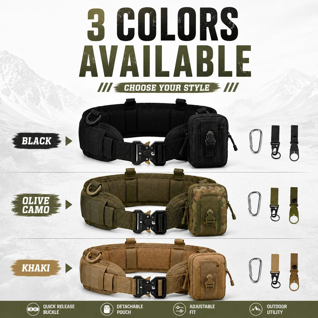 Tactical Waist Belt with Detachable Pouch Quick Release Buckle Outdoor Utility Gear for Hiking Camping Fishing Military Training