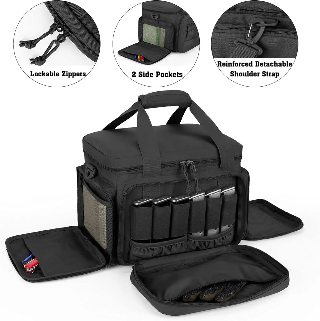 Tactical Gun Range Bag EDC Shoulder Bag Pistol Shooting Range Bag Hunting Carrying Case for 4 Handguns with 6 Magazine Slots