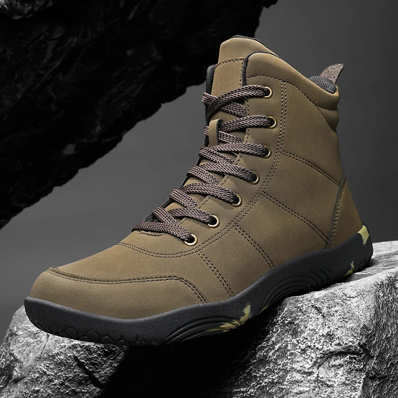 Outdoor Wide Toe Barefoot Men Hiking Boots Minimalist Leather Ankle Boots Zero Soles Winter Couple Walking Casual Sneakers
