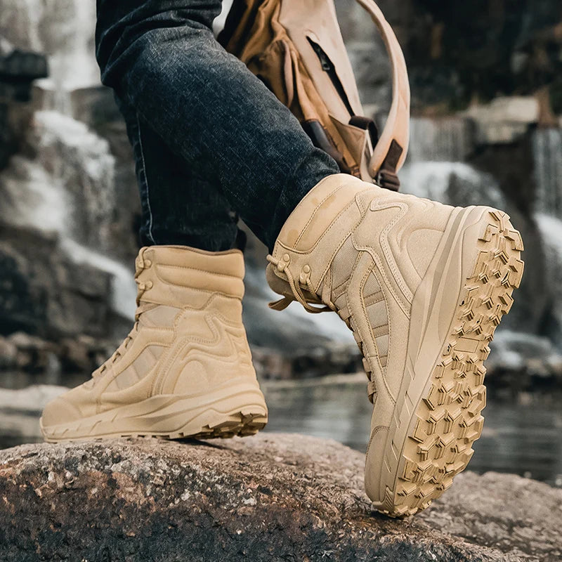 Men's Tactical Boots Lace Up Waterproof Hiking Boots Non-slip Outdoor Field Training Shoes Plus Size Fishing Hunting Sneakers