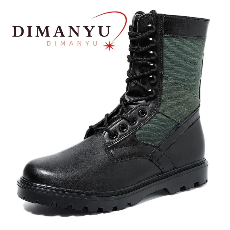 Men Combat Boots  Green Canvas Patchwork High Top Men Tactical Boots Lace Up Non Slip Outdoor Hiking Work Ankle Boots Men