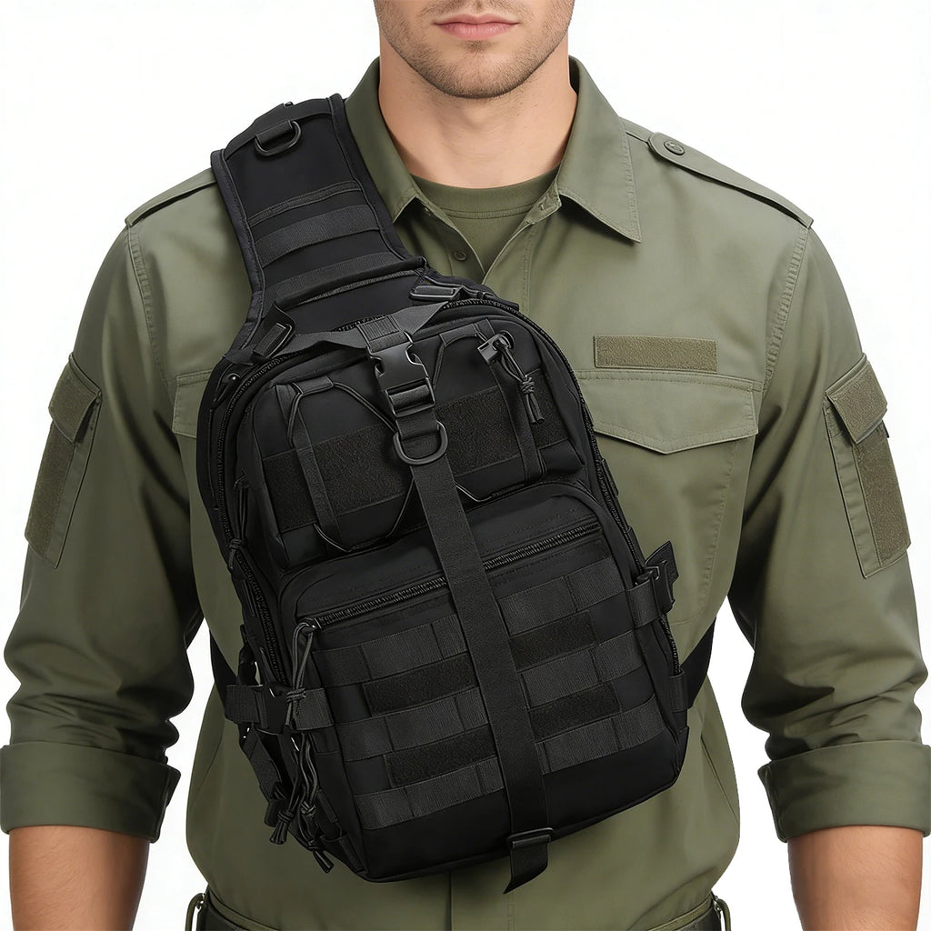 Large capacity shoulder crossbody bag and chest bag with multiple zipper compartments and MOLLE expansion system
