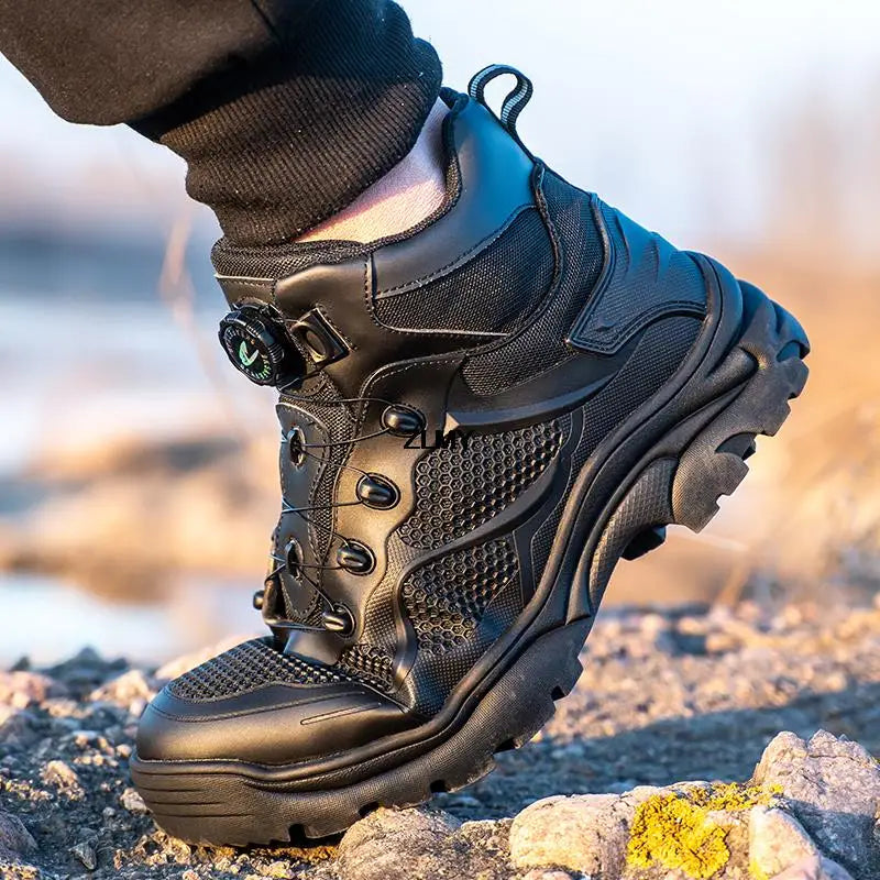 Rotated Buckle Men's Work Safety Boots Steel Toe Safety Shoes Anti-smash Anti-stab Sneaker Men High Top Rubber Safety Work Boots