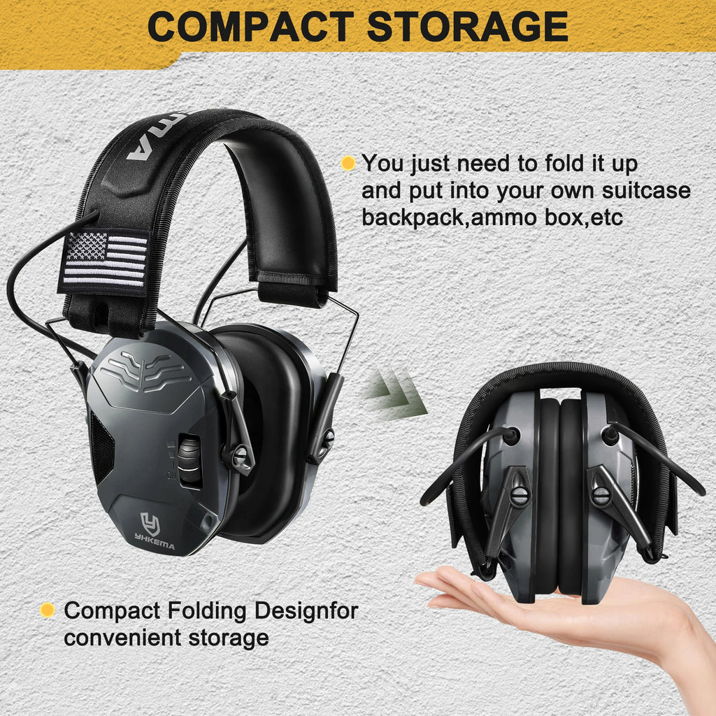 Electronic Shooting Ear Protection YHKEMA NRR23 Foldable Tactical Earmuffs Adjustable Volume For Shooting Range Hunting